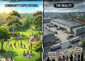 Split image showing contrast between promised community parkland and proposed industrial warehouses for 91-hectare Glenfield site, Liverpool Council rezoning controversy April 2026