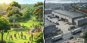 Split image showing contrast between promised community parkland and proposed industrial warehouses for 91-hectare Glenfield site, Liverpool Council rezoning controversy April 2026