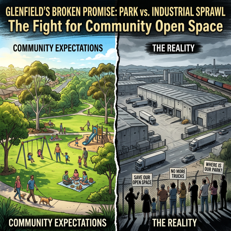 Split image showing contrast between promised community parkland and proposed industrial warehouses for 91-hectare Glenfield site, Liverpool Council rezoning controversy April 2026